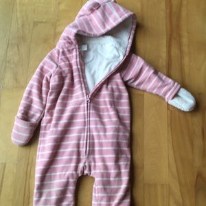 Dusty rose pink fleece one-piece snowsuit